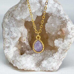 3/$20 14k Gold Light Purple Glitter Resin Teardrop Handmade Pendant Necklace